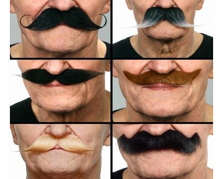 Set of 6 Realistic Stick on MoustachesWe think these are the dogs `Doo Dars`! This set of 6 moustaches are not your average fancy dress shop find, they are made from realistic hair and look the business!Each moustache has a self adhesive patch to fir