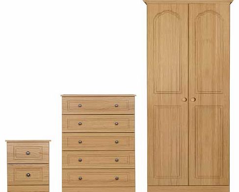 Ready assembled for your convenience. the Stratford collection is a popular choice. This three piece oak effect furniture package is beautifully finished with attractive metal handles and provides ample storage space for all your belongings. The set 