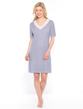 This sailor style striped nightshirt features stunning lace at the V-neckline. T-shirt style. Short sleeves. Double topstitched trim. 70% polyester, 30% viscose. Easy care machine washable. Length approx. 371/2in. (95cm).Designed to fit and flatter a