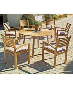 Table size, diameter 120cm. Stacking chairs. Chair size (H)59, (W)57.5, (L)86.5cm. Includes