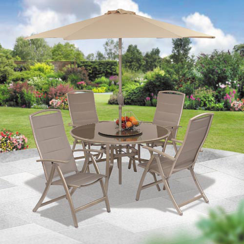 Available in a range of coloursA superb garden furniture collection with 4 chairs   1.3m diameter ta