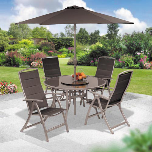 This stunning garden collection is constructed in lightweight aluminium. The chairs are covered in d