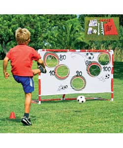 4 x Cones.1 x Football.1 x Pump.1 x Target mat with score on it.4 x Pegs.1 x Goal net.Made from plas