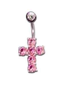 Surgical Steel and Silver Pink Cubic Zirconia Cross Bodybar