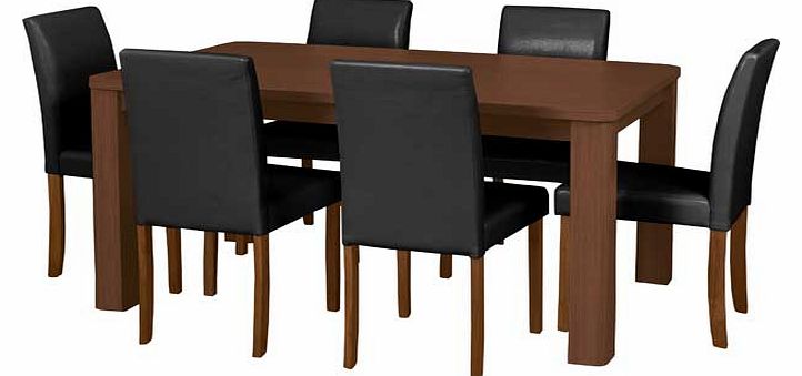 This real wood veneer dining table with 6 black leather effect chairs is a neat dining set. perfect for families. The chunky design adds a contemporary twist to a classic style. Part of the Swanley collection. Table: Size H75. L150. W90cm. Wood table