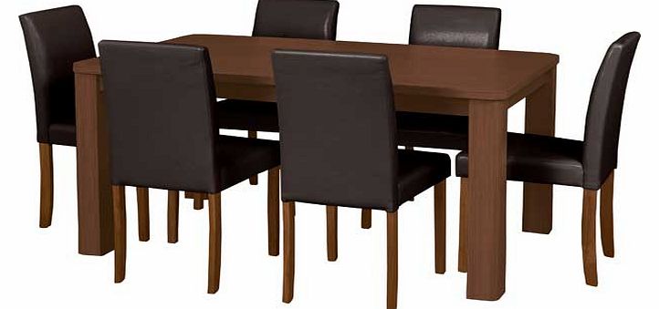 This real wood veneer dining table with 6 chocolate leather effect chairs is a neat dining set. perfect for families. The chunky design adds a contemporary twist to a classic style. Part of the Swanley collection. Table: Size H75. L150. W90cm. Wood t