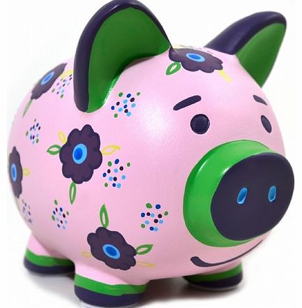 Sweet Savings Piggy Bank - Pink with Purple Flowers Design The Sweet Savings Piggy Bank is fun and functional and makes a cute gift for girls. This pink ceramic piggy bank is hand painted and features a purple flowers design. It has a coin slot on it