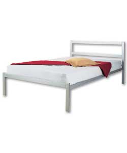 Silver coloured frame with chrome caps and simple footboard. Gauge sprung mattress. Overall size