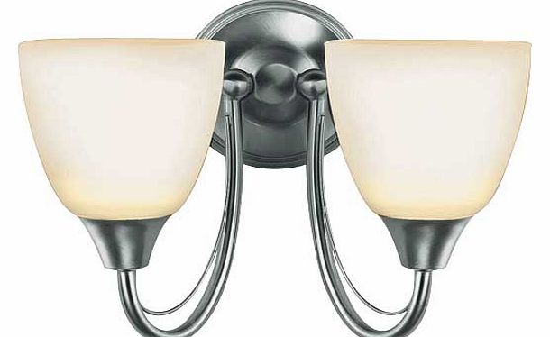 This Symphony wall light with 2 frosted glass shades combines both a traditional style with a modern silver finish. Size H16.5. Drop 13.5cm. Diameter 27.5cm. Suitable for use with low energy bulbs. Bulbs required 2 x 30W SES eco halogen or 2 x 40W SE