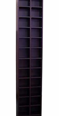 Tall sleek storage unit with a dark oak finish. ideal for CDs. DVDs or general display. Capacity of up to 360 CDs or 160 DVDs in 24 cubbies. except for the fixed centre shelf. Note. due to the length this product is constructed in two sections. Small