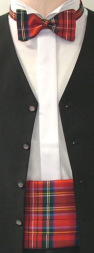 A rough silk Royal Stewart tartan cummerbund and bow tie set.