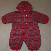 Lovely warm red tartan hooded snowsuit with frill