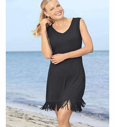 Beach dress with trendy tassels on the hem in a soft, smooth fabric. Dress Features: Delicate wash max. 30C 95% Viscose, 5% Elastane Length approx. 100 cm (40 ins)