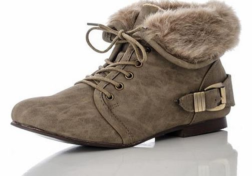 Unbranded Taupe Fur Collar Ankle Boots