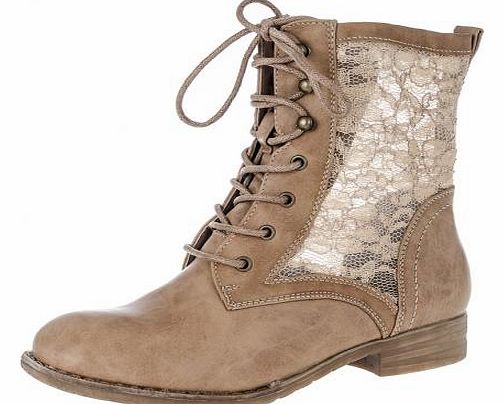 Taupe Lace Tie Up Boots Give a feminine flair to your wardrobe with these lace design tie up boots. Wear with skinny jeans and a fuzzy knit or try with a skater skirt and waterfall cardigan. - Lace design - Tie up style - Block heel - Upper: Other, L