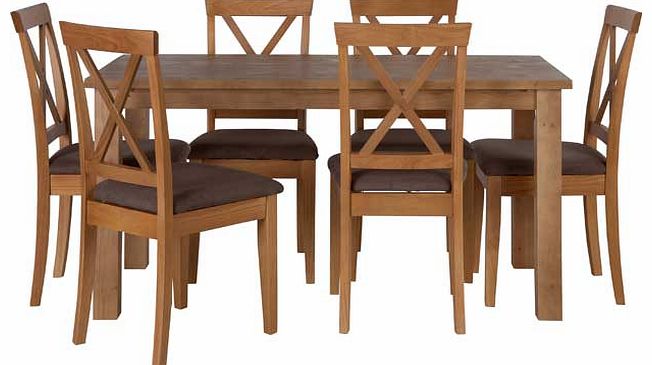 Give your dining room a stylish edge with this Taylor Oak Stain Table and 6 Cross Back Chairs. This set from the Taylor collection includes a solid wood table with an oak stain finish and 6 solid wood chairs with an oak stain finish and suede effect 