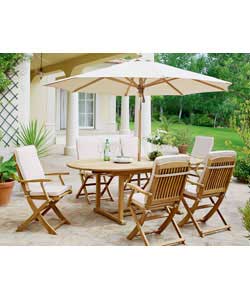 With parasol and cushions.Extending table with 6 folding armchairs. Oval in shape. Legs removable fo