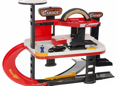 Give your car a tune up at the Teamsterz Multi Stack Bay Garage. Put your car on the ramp and lift it up so the friendly mechanic can take a look. For even more fun, press the button on the sign to hear realistic garage sound effects. This playset co
