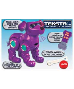 Only at Argos. Purple Teksta - Lovable interactive robotic puppy.The more you play with Teksta the