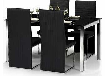 This contemporary and elegant piano black glass tempered dining table will look at place in any modern home. Chrome plated legs and matching black faux leather chairs will give an instant modern look. Part of the Tempo collection. Table: Size H75. L1