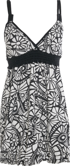 Abstract print dress with bubble hem and ruched detailing under bust.
