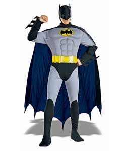The Batman muscle chest jumpsuit with attached boot tops, headpiece, cape and belt.Chest size: 42-44