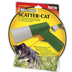Sonic repeller gun with laser-light sighting. To cats it