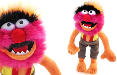 This muppet has hair. Lots of it. A pair of mad eyes. A red nose. Scarily angular teeth. A pink bear