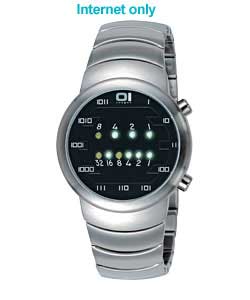 LED watch, tells the time in binary (hours and minutes). Black dial. Round stainless steel case. Adj