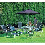 This patio set comprises:   6 multi positional chairs 2 foot rests  1 side table Rectangular table