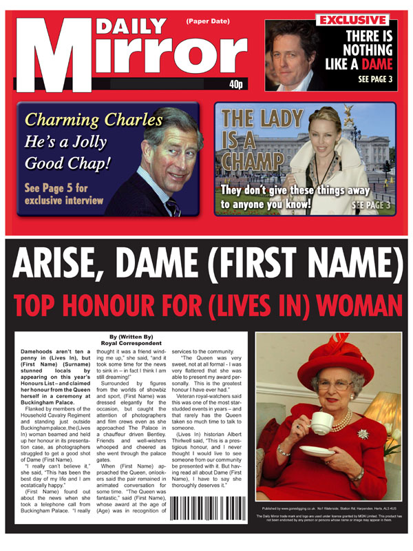 Unbranded Themed Female Spoof Newspapers Knighted Becomes