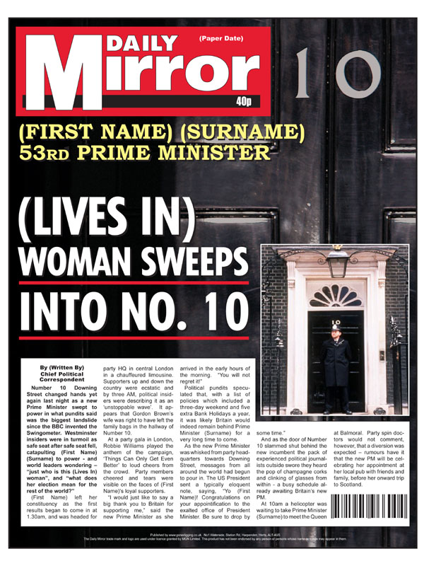 Unbranded Themed Female Spoof Newspapers New Prime Minister
