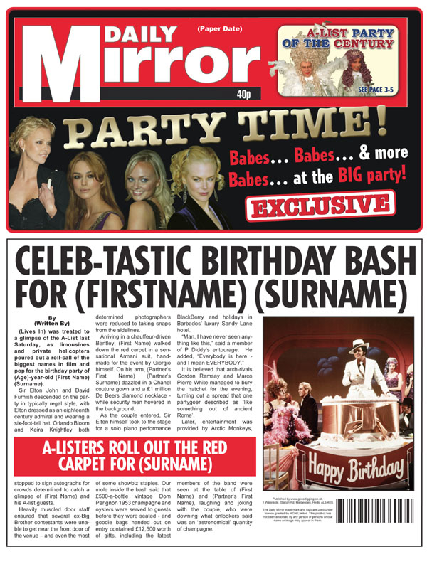 Unbranded Themed Male Spoof Newspapers Celebrity Birthay
