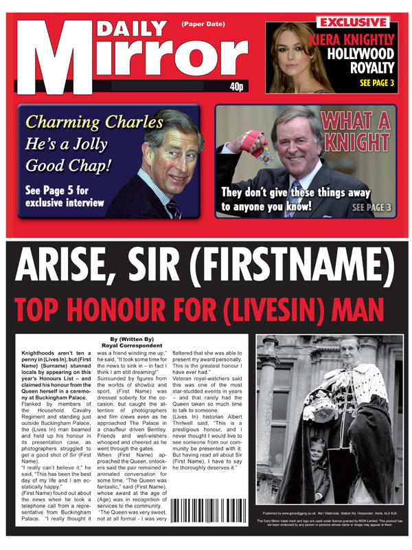 Unbranded Themed Male Spoof Newspapers Knighted Lord