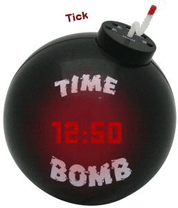 The Tick Tock Time Bomb Alarm Clock features a red LED display and is styled to resemble a cartoon s