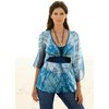 Sheer georgette print kaftan with contrast satin trim and ties. Washable. Polyester.