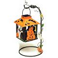 Decorated Halloween lantern with metal stand. The