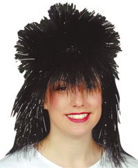 A punky sparkly dual length wig. This long and spikey black wig catches the light with its pearlised