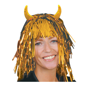 Unbranded Tinsel wig with horns, gold