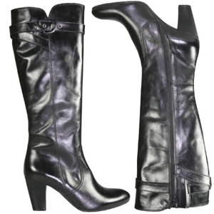 A tall knee length boot from Jones Bootmaker. With wrap around strap and buckle to top, Almond shape