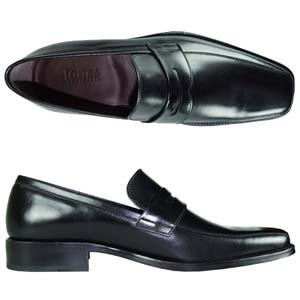 A smart Penny Loafer from Jones Bootmaker. Features hi-shine leather uppers, squared toe and plum co