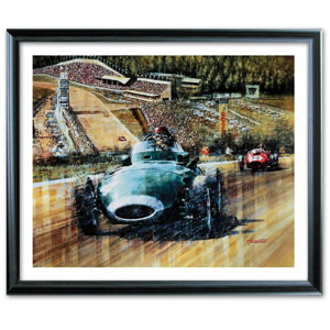 This Tony Brooks signed print is a limited run of 500 and depicts Brooks at the famous Eau-Rouge cor
