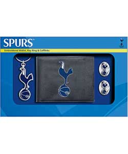 Official Totenham Hotspurs FC leather wallet with embroidered crest, key ring and cufflink set.Size