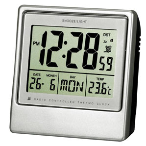 This LCD radio controlled alarm clock with day, date and temperature display automatically updates t