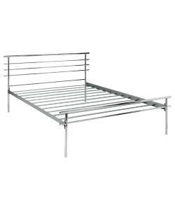 Double contemporary bedstead in chrome coloured frame. Supplied with metal slats. Size (W)150,