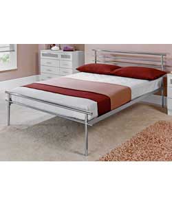 Double contemporary bedstead in chrome coloured frame. Supplied with metal slats. Includes comfort