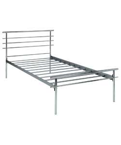 Single contemporary bedstead in chrome coloured frame. Supplied with metal slats. Size (W)105,