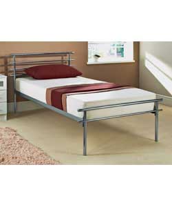 Single contemporary bedstead in chrome coloured frame. Supplied with metal slats. Includes comfort