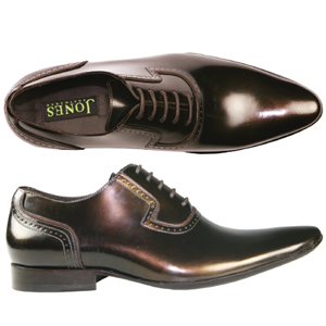 A modern 5 eyelet Oxford from Jones Bootmaker. Ideal for any party, with elongated toe, punch detail