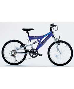 Steel dual suspension style frame. Front and rear suspension. 6 speed Shimano gears with twistgrip